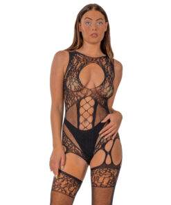 Lace by LJ Cut Out Lace Suspender Bodystocking Black