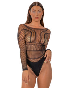 Lace by LJ Seamless Lace Long Sleeved Bodysuit Black