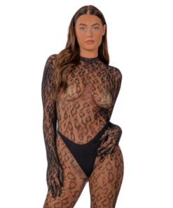 Lace by LJ Gloved Leopard Print Catsuit Black